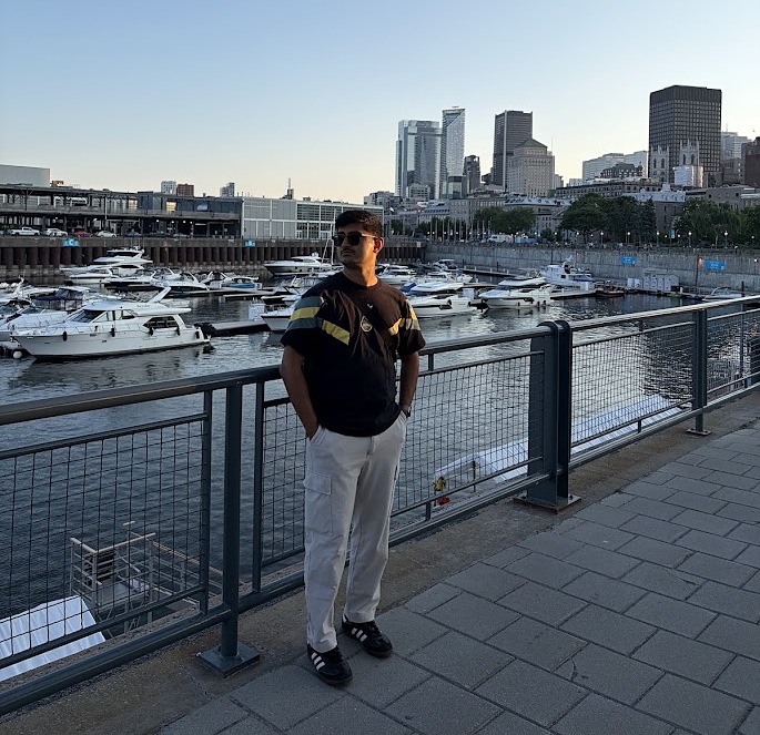 Aneesh Nair by the marina, Old Port Montreal